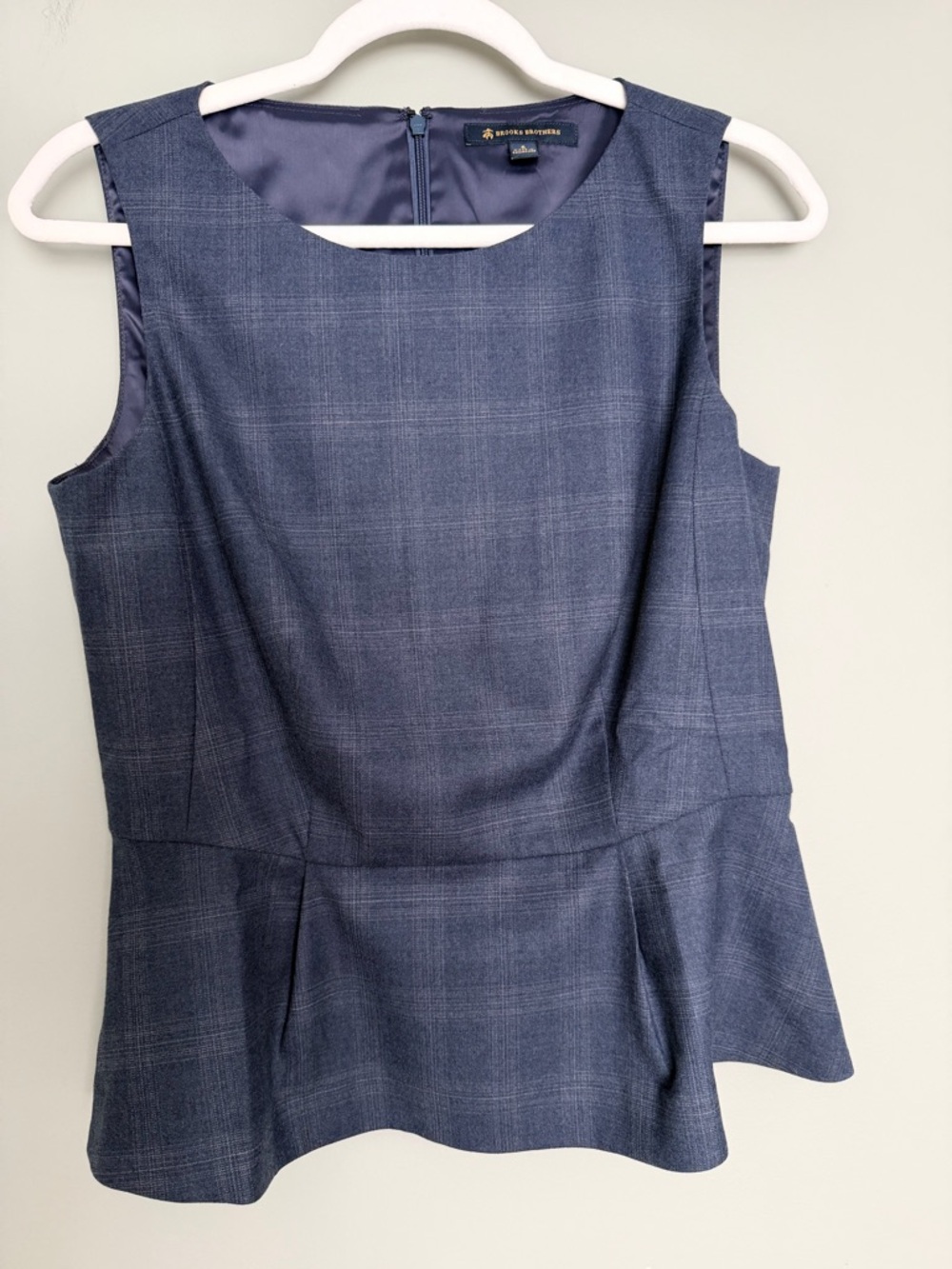 Brooks Brothers 90 Wool 7 Silk Blend Slate Blue Gray Plaid Sleeveless Peplum Top
